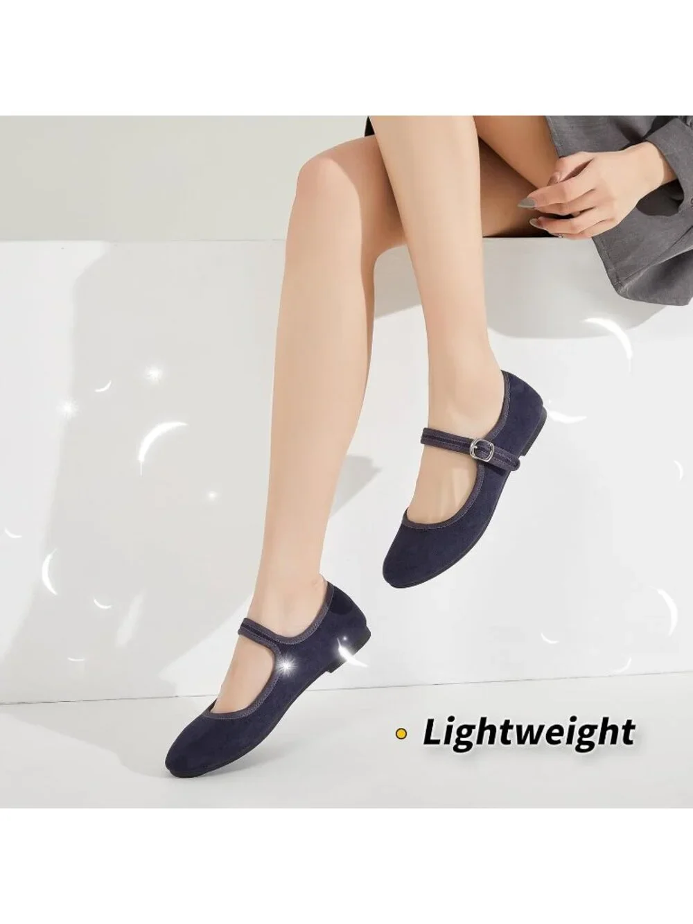 Women's Navy Mary Jane with Strap Faux Suede Black Flats Shoes Comfortable